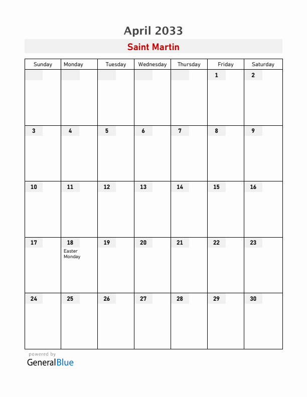 Saint Martin April 2033 Calendar with Holidays
