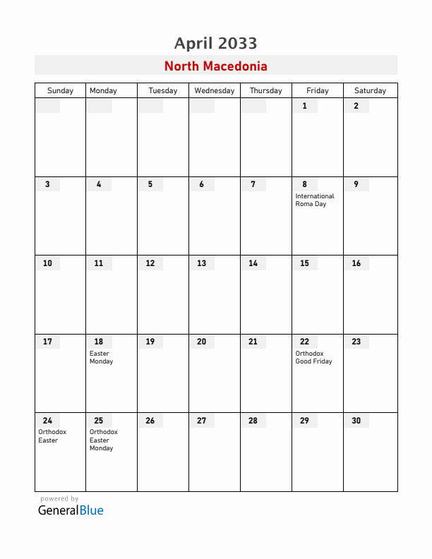 North Macedonia April 2033 Calendar with Holidays
