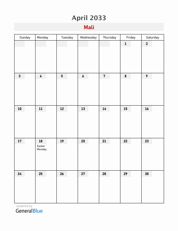 Mali April 2033 Calendar with Holidays