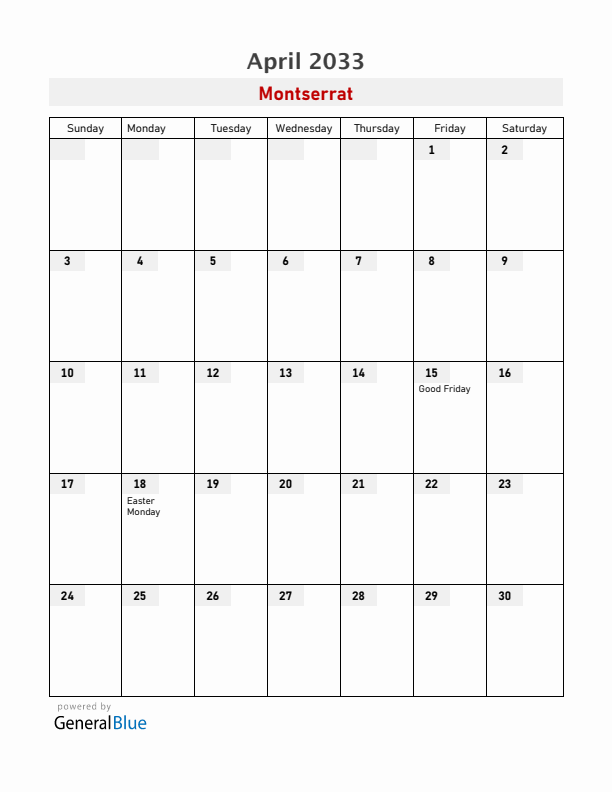 Montserrat April 2033 Calendar with Holidays