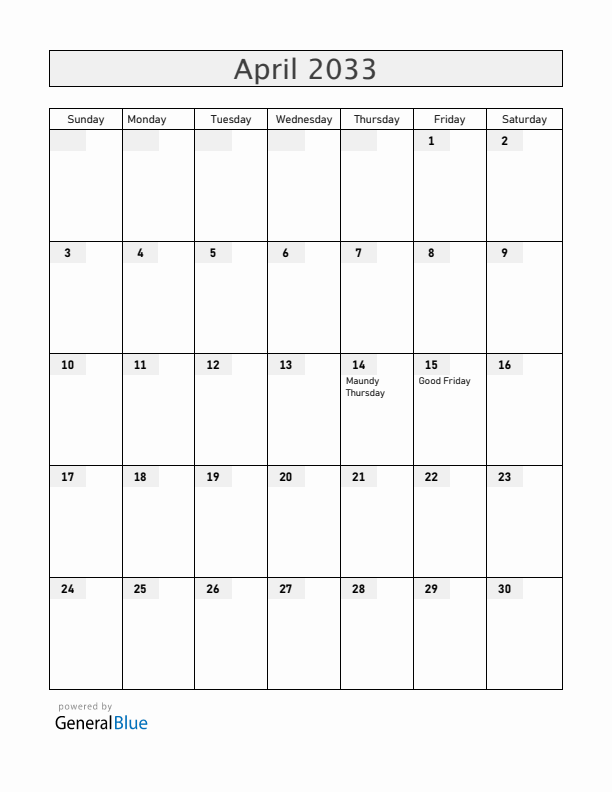 Mexico April 2033 Calendar with Holidays