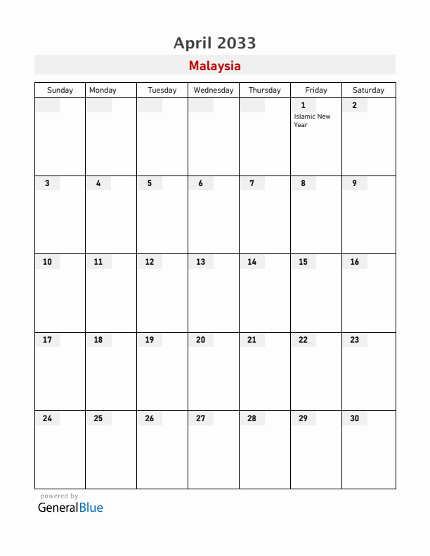 Malaysia April 2033 Calendar with Holidays
