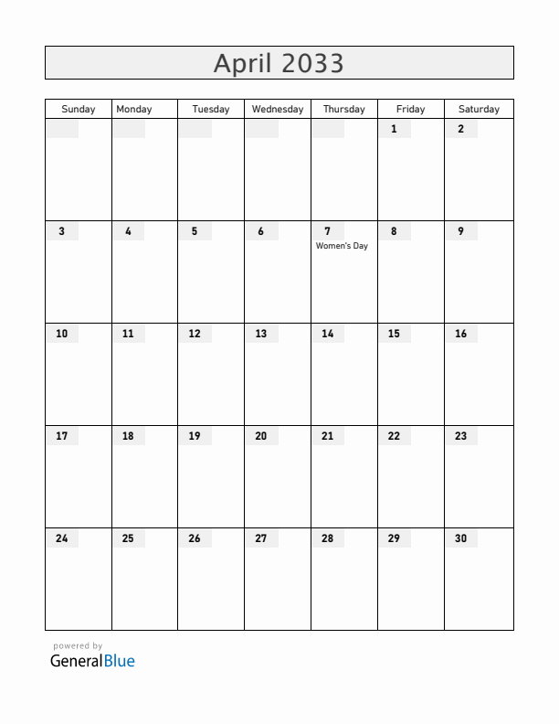 Mozambique April 2033 Calendar with Holidays