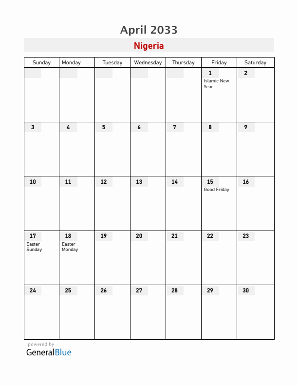 Nigeria April 2033 Calendar with Holidays