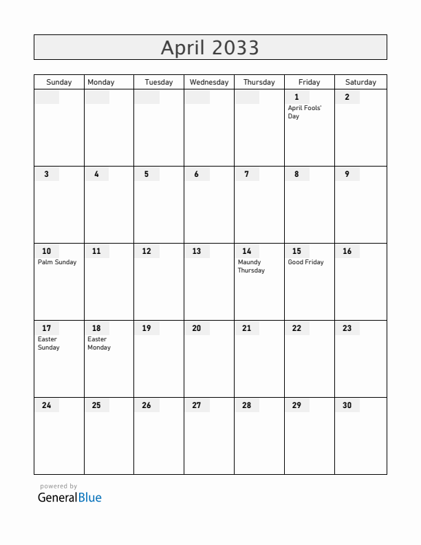 Norway April 2033 Calendar with Holidays