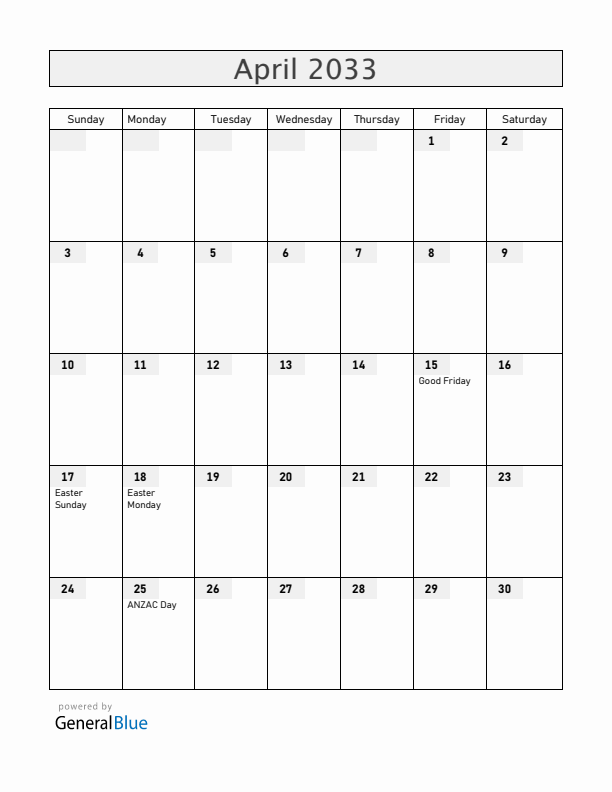 New Zealand April 2033 Calendar with Holidays