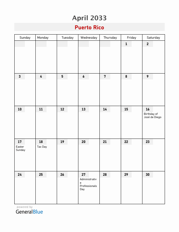 Puerto Rico April 2033 Calendar with Holidays