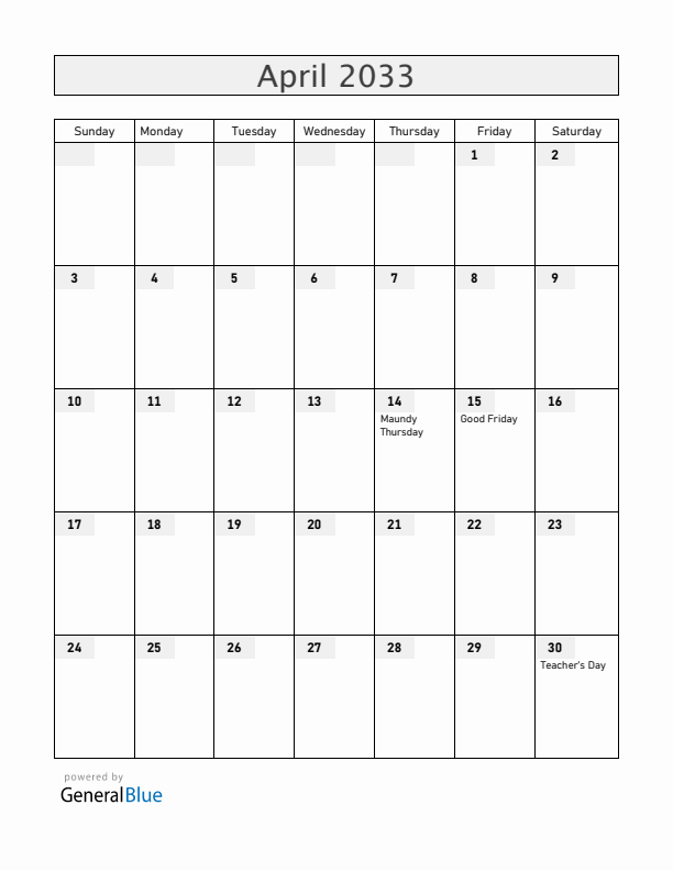Paraguay April 2033 Calendar with Holidays