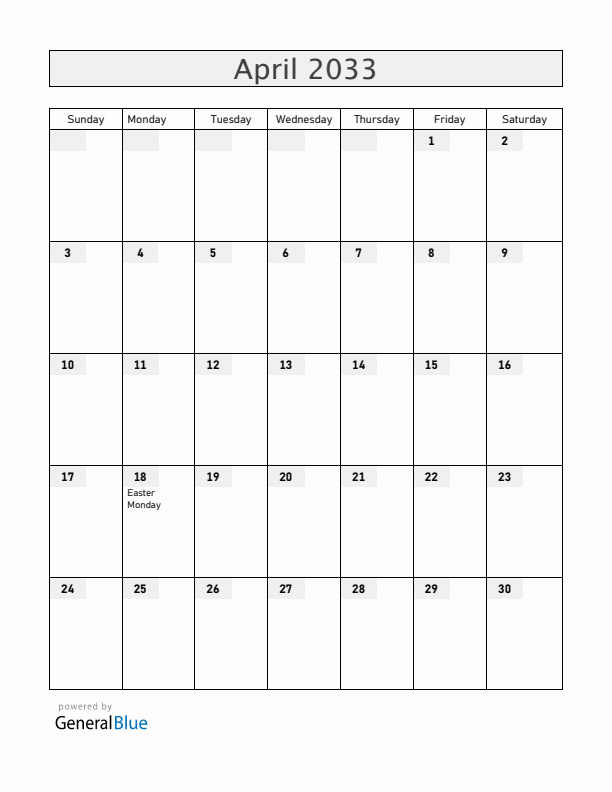 Reunion April 2033 Calendar with Holidays