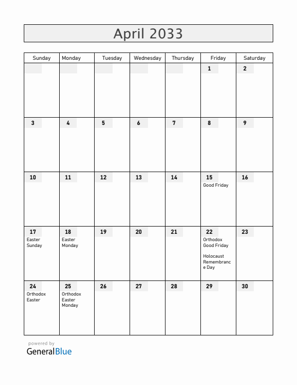 Serbia April 2033 Calendar with Holidays