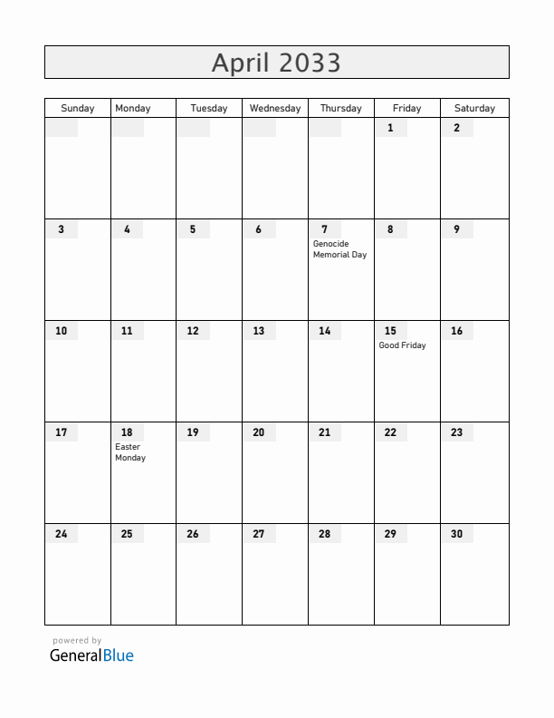 Rwanda April 2033 Calendar with Holidays