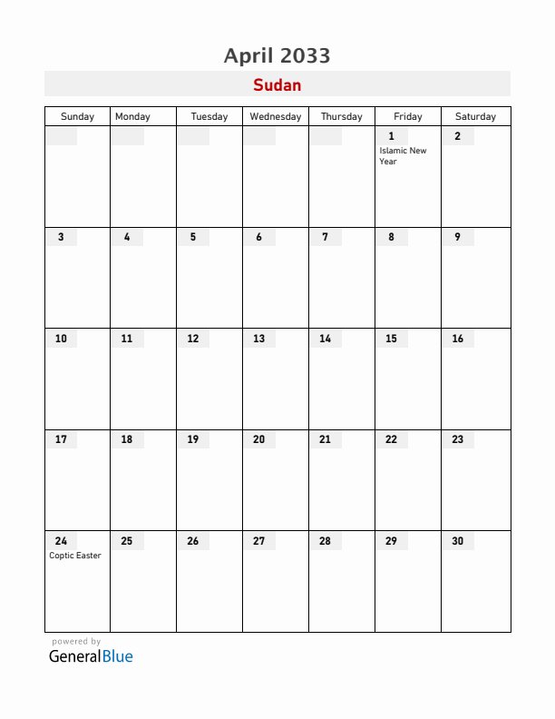 Sudan April 2033 Calendar with Holidays