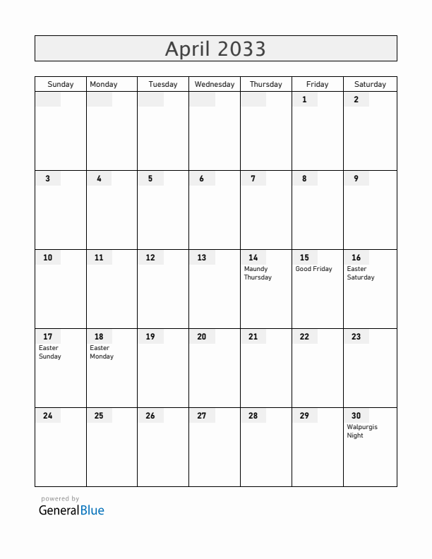Sweden April 2033 Calendar with Holidays