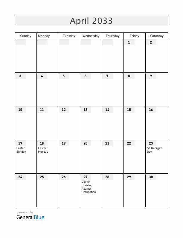 Slovenia April 2033 Calendar with Holidays