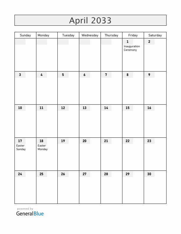 San Marino April 2033 Calendar with Holidays