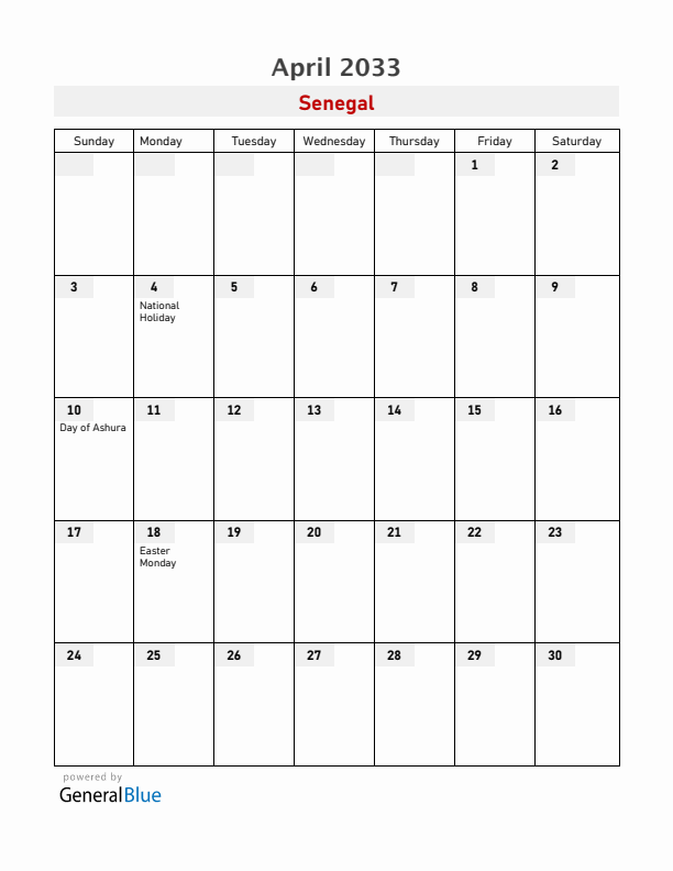 Senegal April 2033 Calendar with Holidays