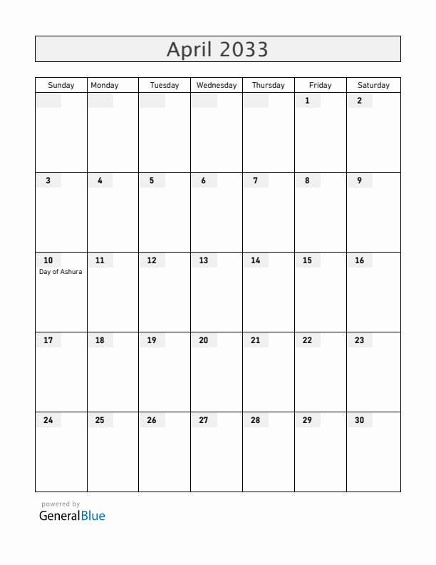 Somalia April 2033 Calendar with Holidays