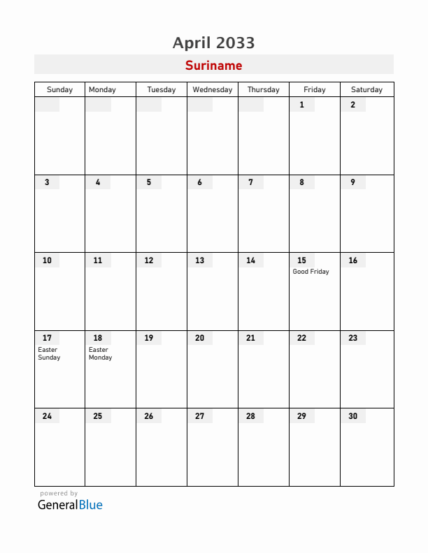 Suriname April 2033 Calendar with Holidays