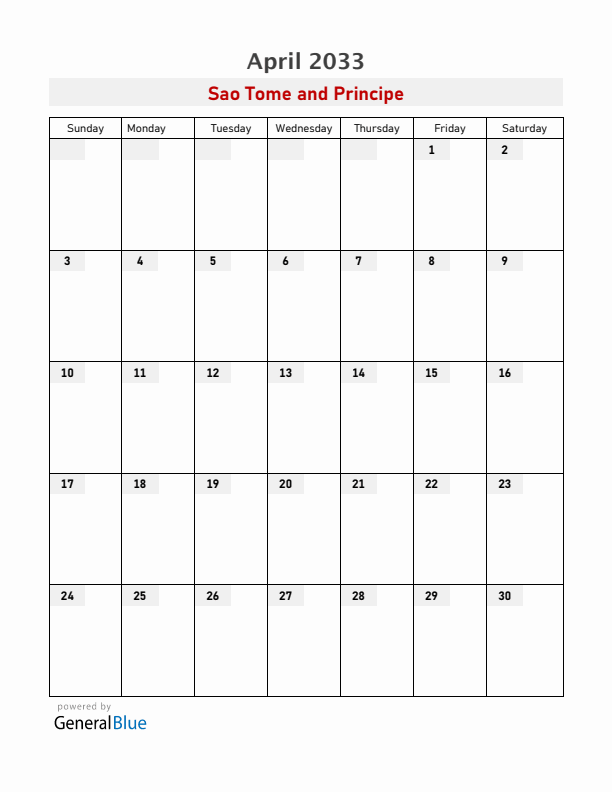 Sao Tome and Principe April 2033 Calendar with Holidays