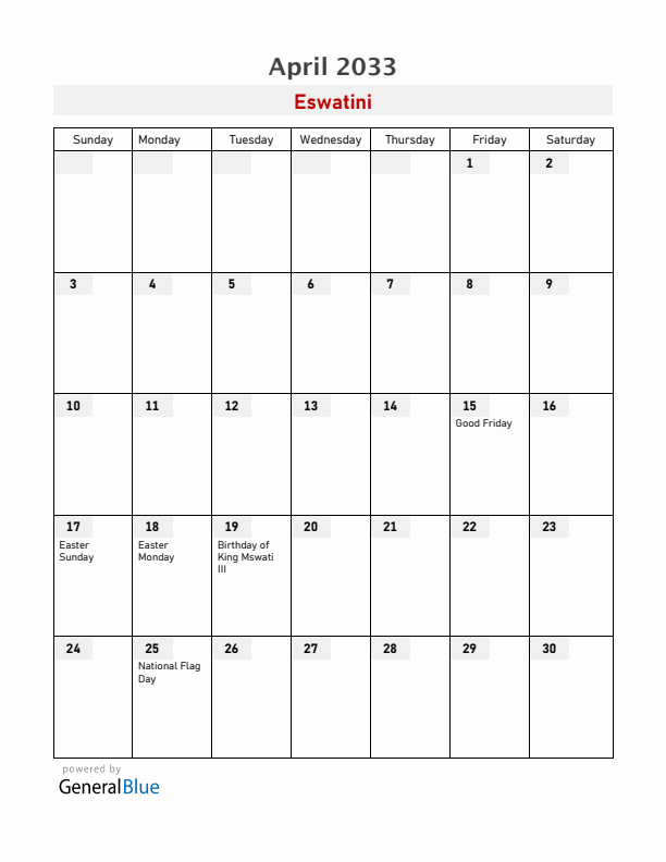 Eswatini April 2033 Calendar with Holidays