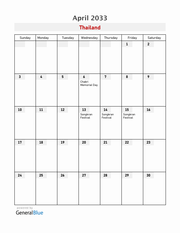 Thailand April 2033 Calendar with Holidays