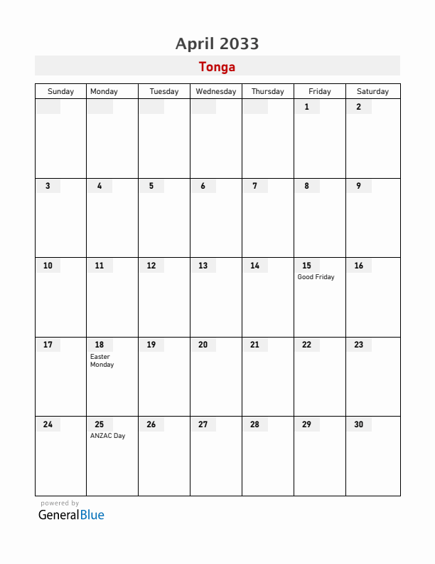 Tonga April 2033 Calendar with Holidays
