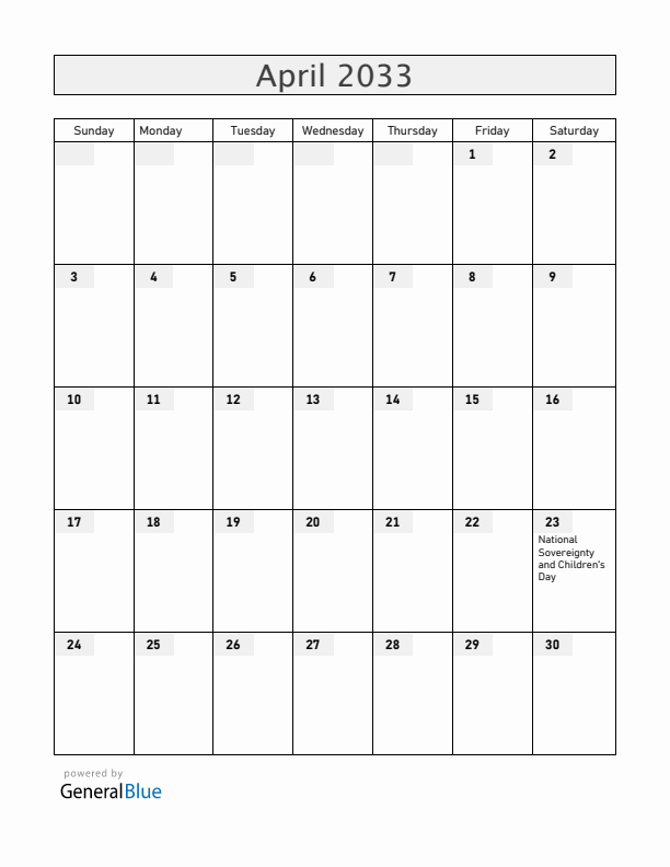 Turkey April 2033 Calendar with Holidays