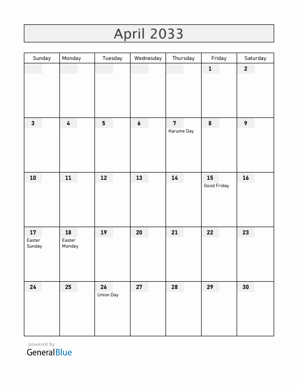 Tanzania April 2033 Calendar with Holidays