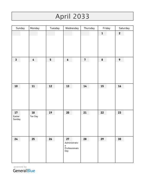 United States April 2033 Calendar with Holidays