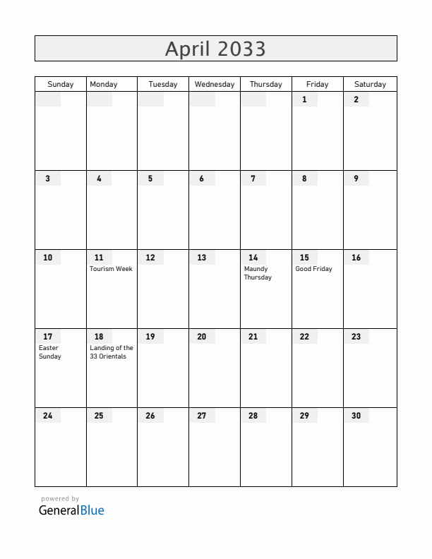 Uruguay April 2033 Calendar with Holidays