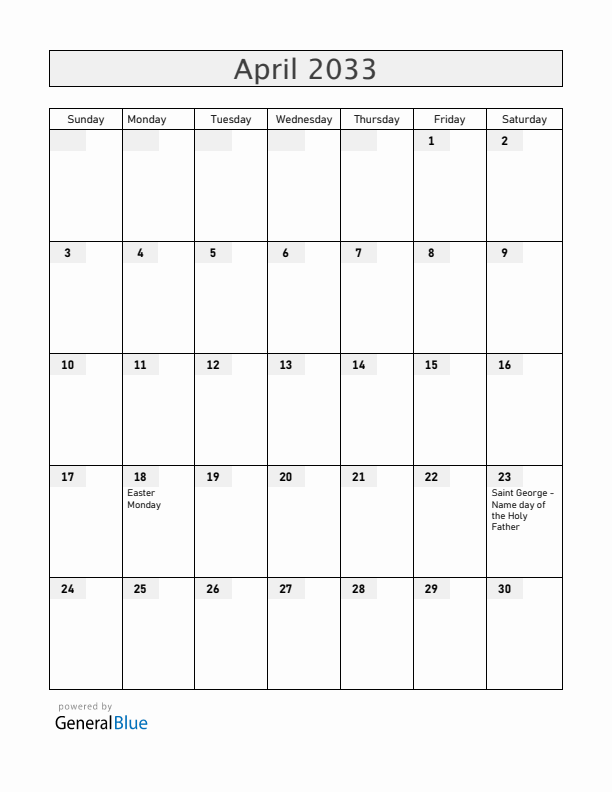 Vatican April 2033 Calendar with Holidays