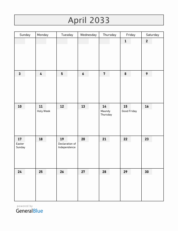 Venezuela April 2033 Calendar with Holidays