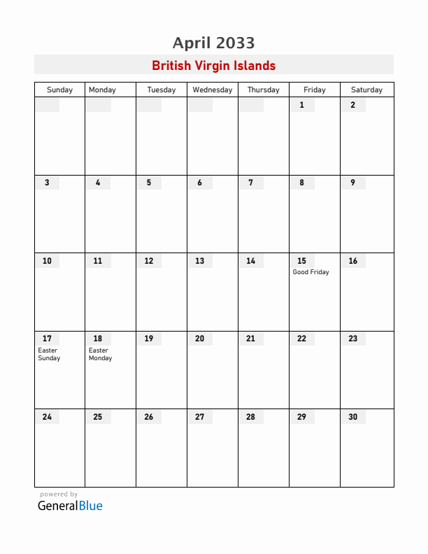 British Virgin Islands April 2033 Calendar with Holidays