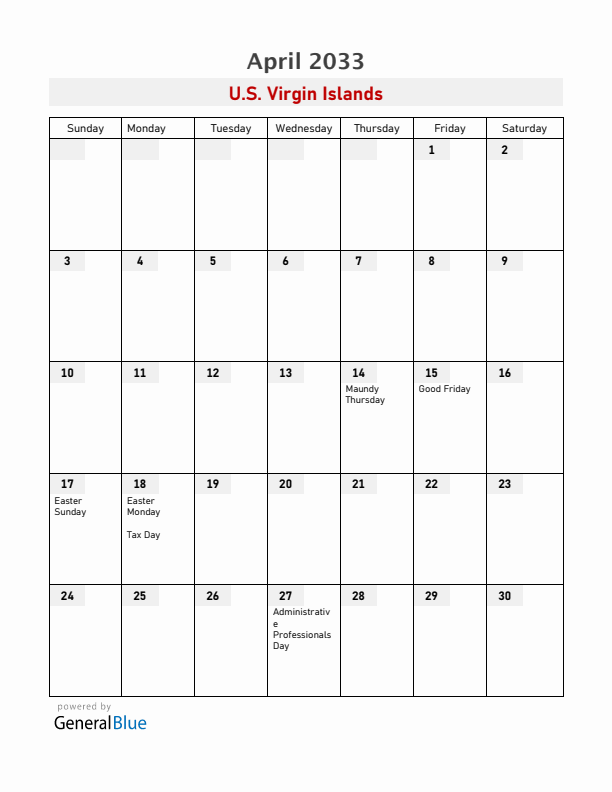 U.S. Virgin Islands April 2033 Calendar with Holidays