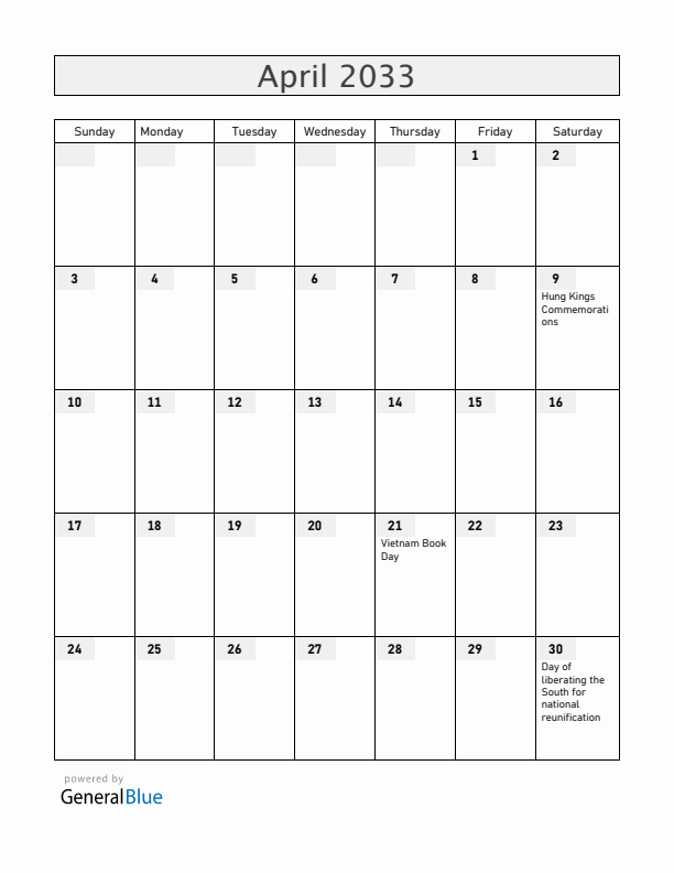 Vietnam April 2033 Calendar with Holidays