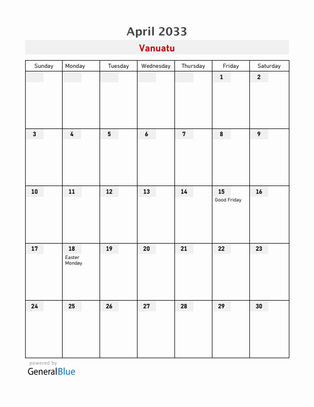 Vanuatu April 2033 Calendar with Holidays