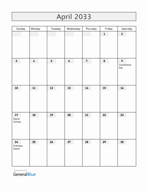 Kosovo April 2033 Calendar with Holidays