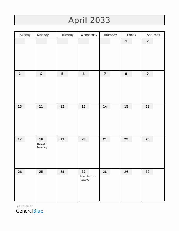 Mayotte April 2033 Calendar with Holidays