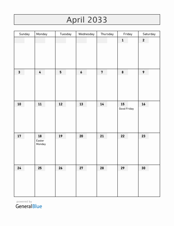 Zambia April 2033 Calendar with Holidays