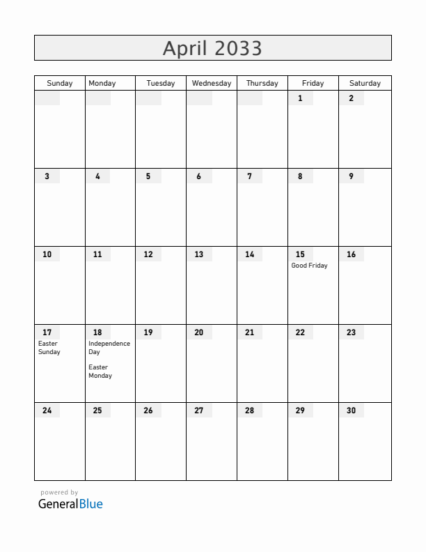 Zimbabwe April 2033 Calendar with Holidays