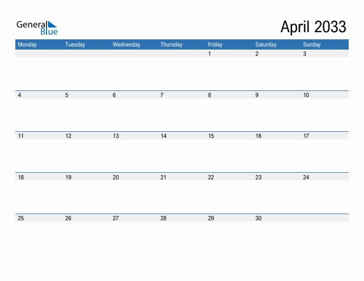 Fillable Calendar for April 2033