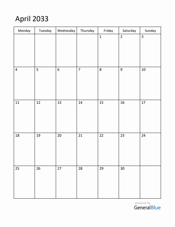 Monday Start Calendar for April 2033