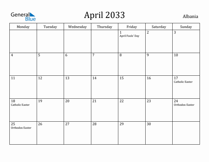 April 2033 Calendar Albania