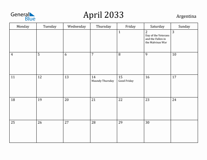 April 2033 Calendar Argentina