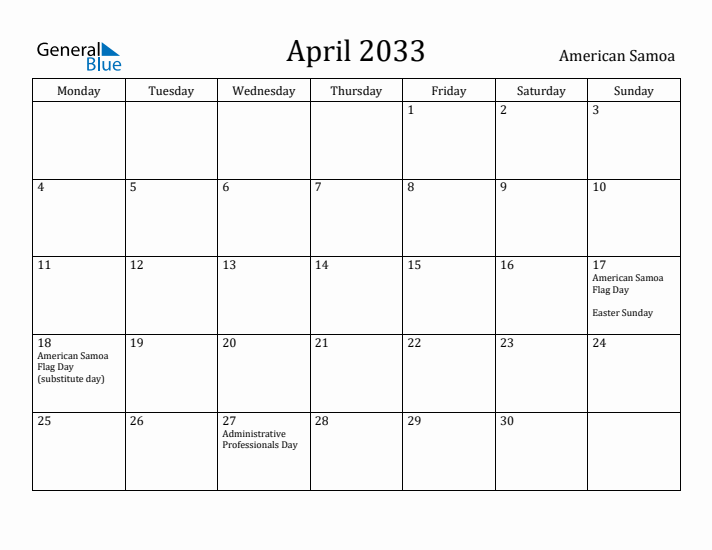 April 2033 Calendar American Samoa