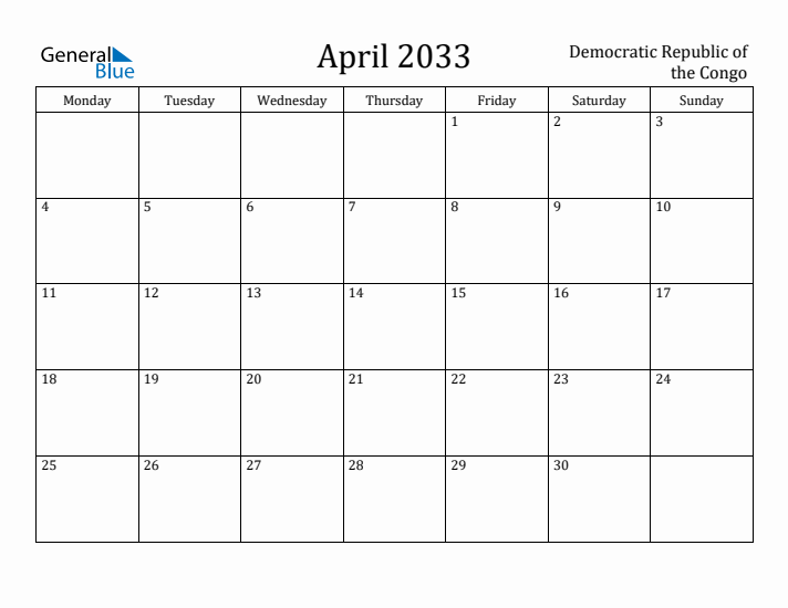April 2033 Calendar Democratic Republic of the Congo