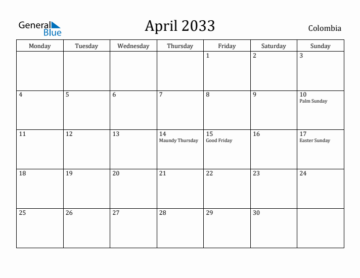 April 2033 Calendar Colombia