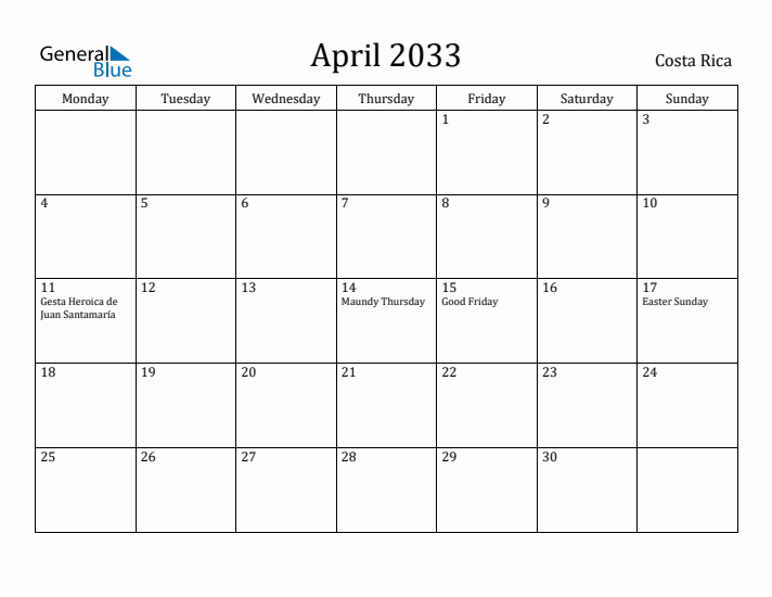 April 2033 Calendar Costa Rica