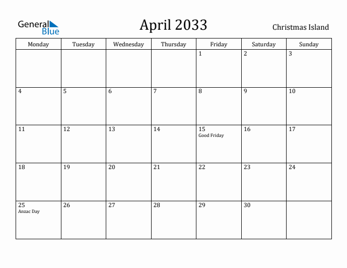 April 2033 Calendar Christmas Island