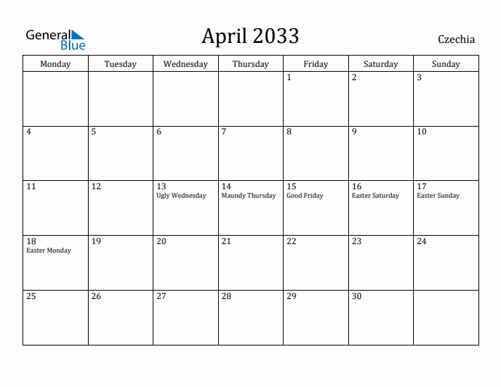 April 2033 Calendar Czechia